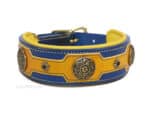 Wide leather collar Lazypony, handmade large dog collar, blue and yellow dog collar with brass buckles, conchos and rivets