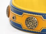 Wide leather collar Lazypony, handmade large dog collar, blue and yellow dog collar with brass buckles, conchos and rivets