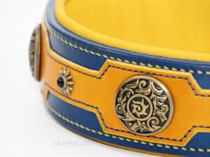 Wide leather collar Lazypony, handmade large dog collar, blue and yellow dog collar with brass buckles, conchos and rivets