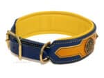 Wide leather collar Lazypony, handmade large dog collar, blue and yellow dog collar with brass buckles, conchos and rivets
