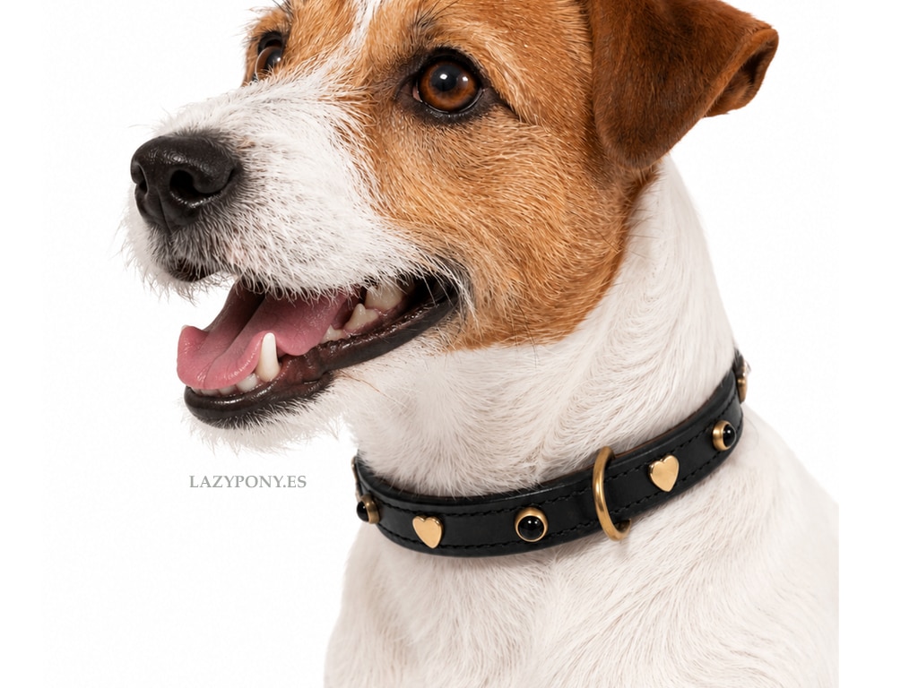 2607 Leather Collar for Small Dog Flower Lazypony with Name Tag ID and Rivets