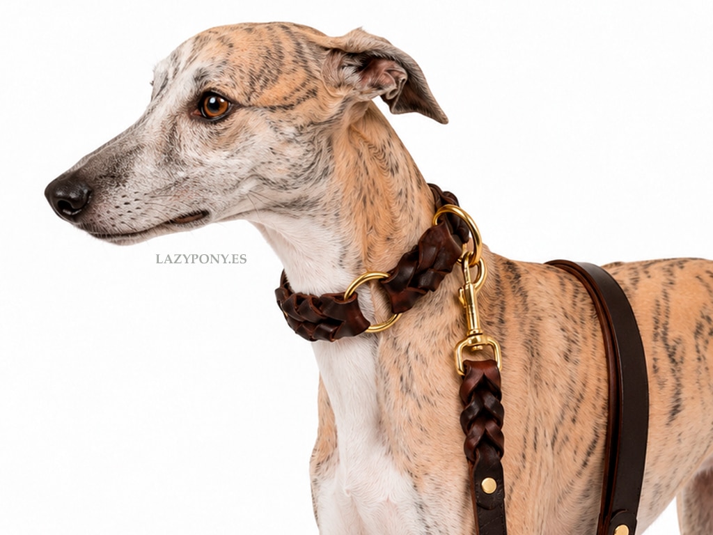 Plaited leather dog collar with leash Lazypony