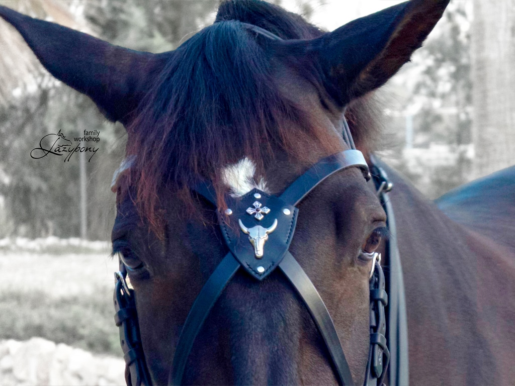 1982 Leather X-browband Gothic Lazypony, handmade horse cross browband