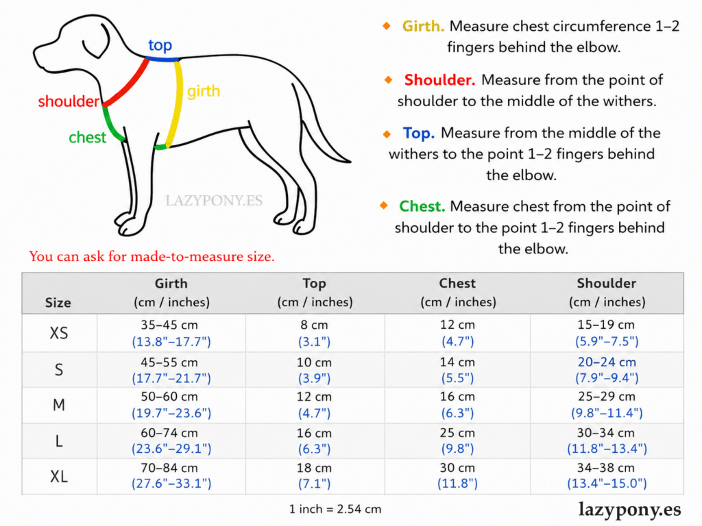 Lazypony Y Shape Leather Dog Harness size chart